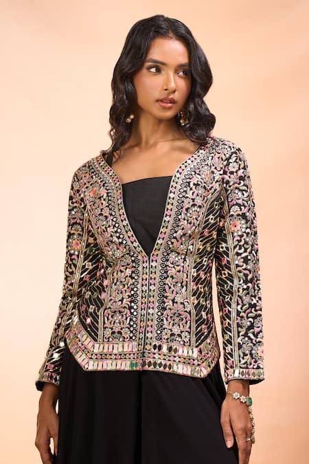 Shop Alaya Advani Black Silk Embroidery, Mirrors V-, Square Jacket Palazzo Set Online at Aza Fashions Shop_Alaya Advani_Black Silk Embroidery, Mirrors V-, Square Jacket Palazzo Set _Online_at_Aza_Fashions