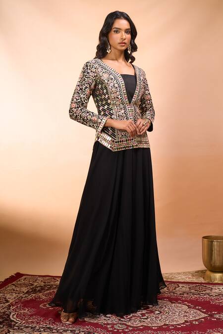 Buy Alaya Advani Black Silk Embroidery, Mirrors V-, Square Jacket Palazzo Set Buy_Alaya Advani_Black Silk Embroidery, Mirrors V-, Square Jacket Palazzo Set