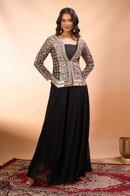 Shop Alaya Advani Black Silk Embroidery, Mirrors V-, Square Jacket Palazzo Set Shop_Alaya Advani_Black Silk Embroidery, Mirrors V-, Square Jacket Palazzo Set