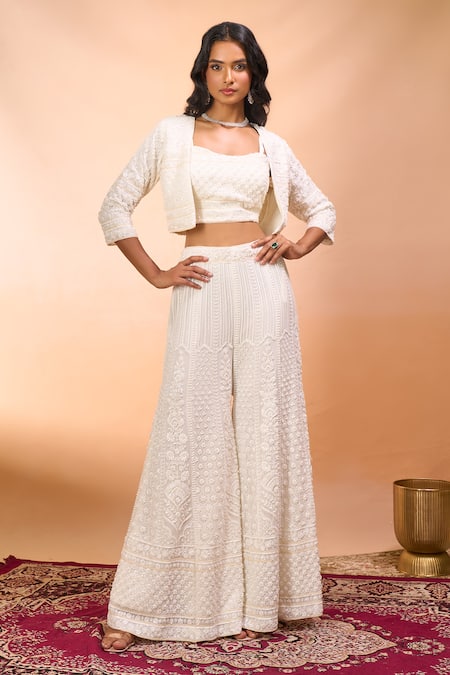 Shop_Alaya Advani_White Georgette Embroidery Open , Sweetheart Jacket Sharara Set _Online_at_Aza_Fashions