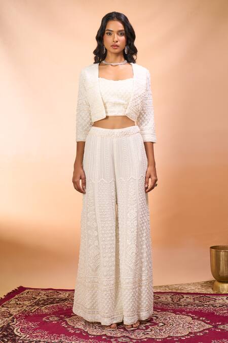 Buy_Alaya Advani_White Georgette Embroidery Open , Sweetheart Jacket Sharara Set 