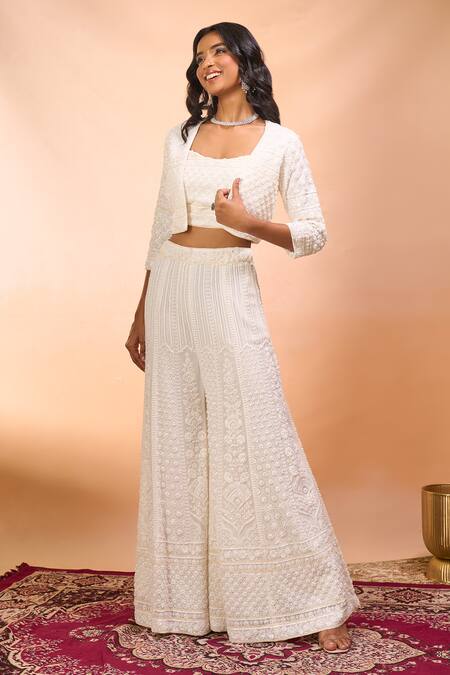 Shop_Alaya Advani_White Georgette Embroidery Open , Sweetheart Jacket Sharara Set 