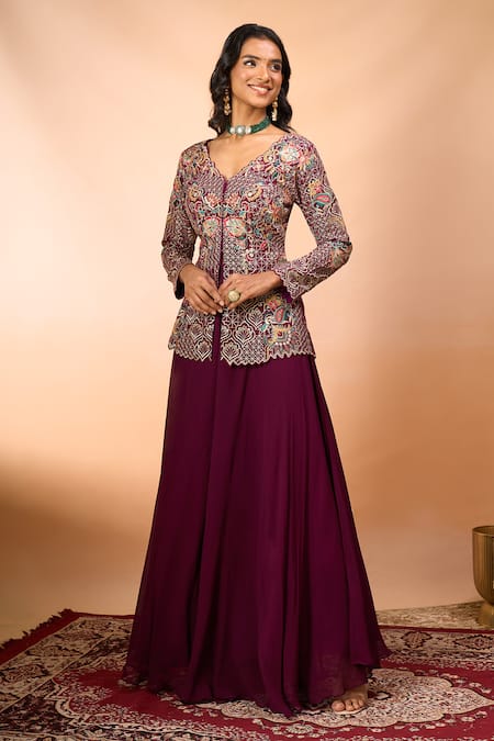 Buy Alaya Advani Wine Silk Embroidery V-neck Top And Sharara Set Online at Aza Fashions Buy_Alaya Advani_Wine Silk Embroidery V-neck Top And Sharara Set _Online_at_Aza_Fashions