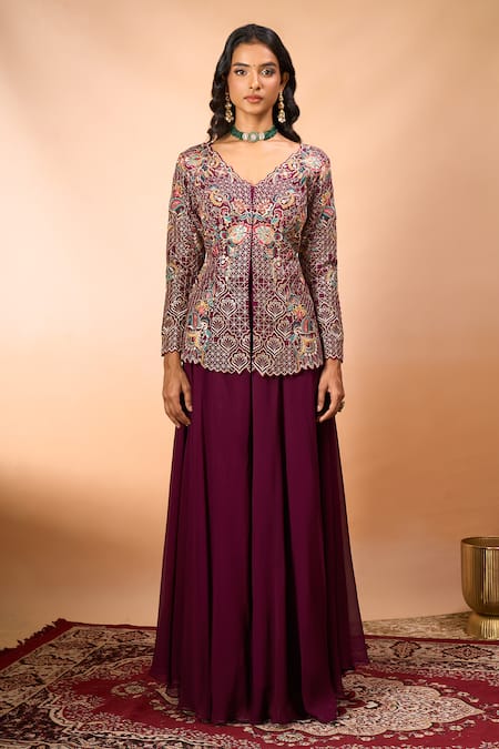 Shop Alaya Advani Wine Silk Embroidery V-neck Top And Sharara Set Online at Aza Fashions Shop_Alaya Advani_Wine Silk Embroidery V-neck Top And Sharara Set _Online_at_Aza_Fashions