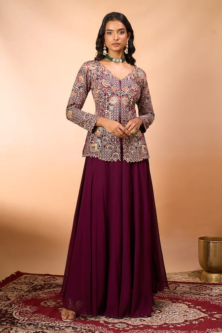 Alaya Advani Wine Silk Embroidery V-neck Top And Sharara Set at Aza Fashions Alaya Advani_Wine Silk Embroidery V-neck Top And Sharara Set _at_Aza_Fashions