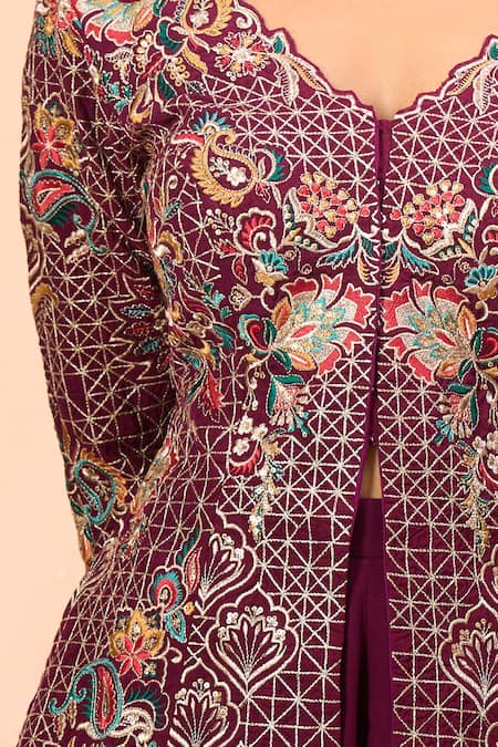 Buy Alaya Advani Wine Silk Embroidery V-neck Top And Sharara Set Buy_Alaya Advani_Wine Silk Embroidery V-neck Top And Sharara Set
