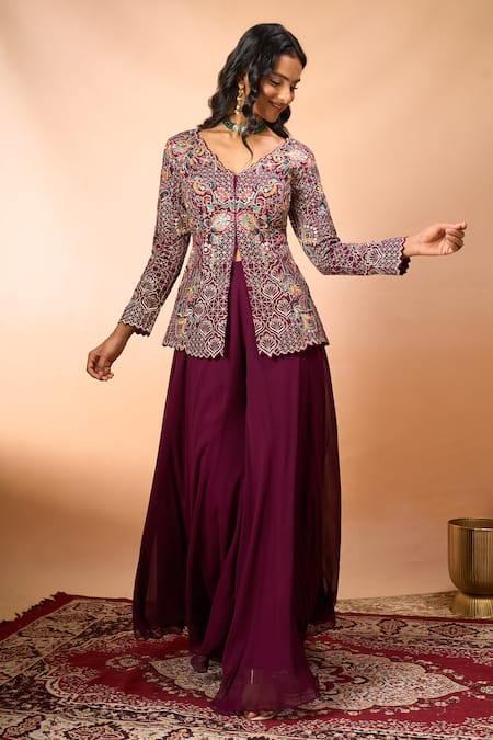 Shop Alaya Advani Wine Silk Embroidery V-neck Top And Sharara Set Shop_Alaya Advani_Wine Silk Embroidery V-neck Top And Sharara Set