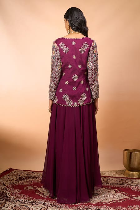 Shop Alaya Advani Wine Silk Embroidery V-neck Top And Sharara Set at Aza Fashions Shop_Alaya Advani_Wine Silk Embroidery V-neck Top And Sharara Set _at_Aza_Fashions
