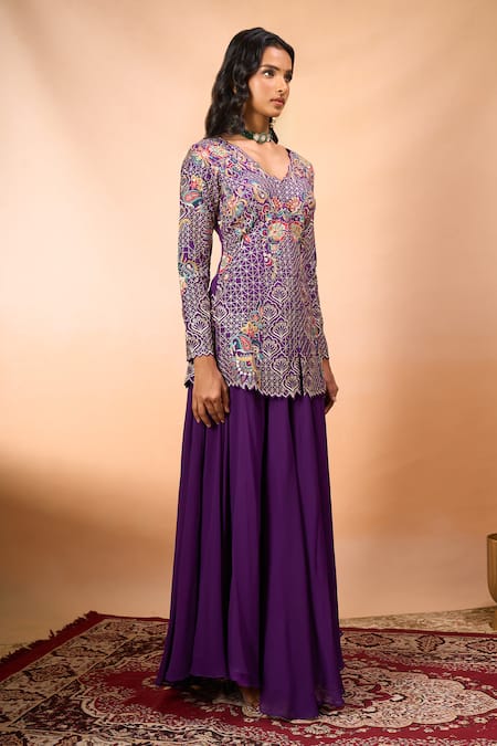 Alaya Advani_Purple Silk Embroidery V-neck Floral Top And Sharara Set _Online_at_Aza_Fashions