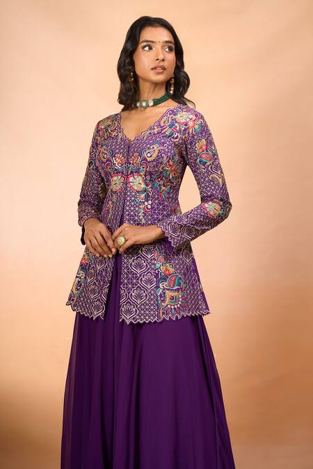 Buy_Alaya Advani_Purple Silk Embroidery V-neck Floral Top And Sharara Set _Online_at_Aza_Fashions