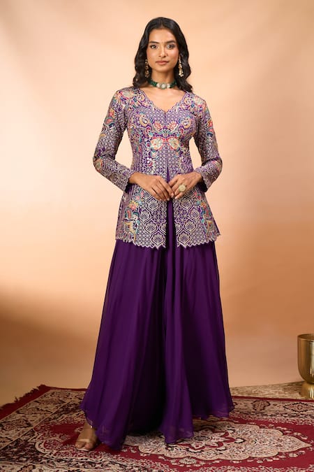 Shop_Alaya Advani_Purple Silk Embroidery V-neck Floral Top And Sharara Set _Online_at_Aza_Fashions