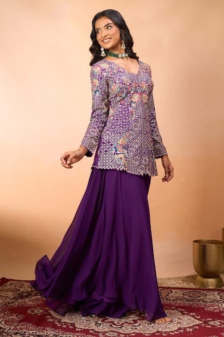 Buy_Alaya Advani_Purple Silk Embroidery V-neck Floral Top And Sharara Set 