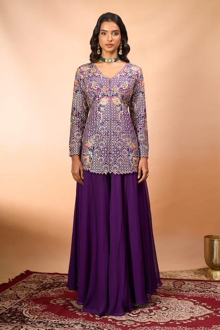 Shop_Alaya Advani_Purple Silk Embroidery V-neck Floral Top And Sharara Set 