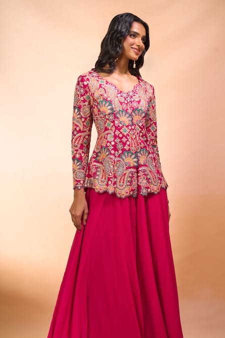 Alaya Advani_Fuchsia Silk Embroidery V-neck Top With Sharara _Online_at_Aza_Fashions