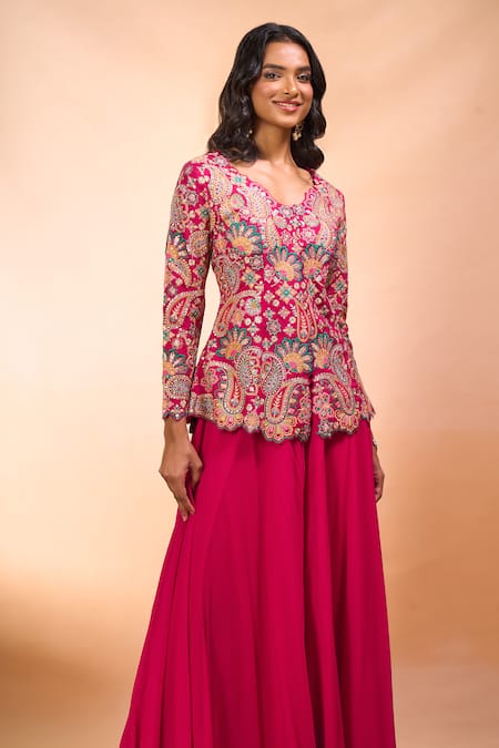 Buy_Alaya Advani_Fuchsia Silk Embroidery V-neck Top With Sharara _Online_at_Aza_Fashions
