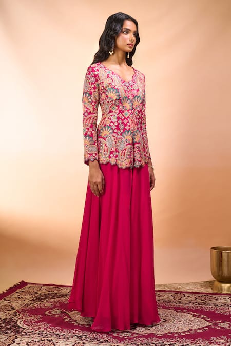 Shop_Alaya Advani_Fuchsia Silk Embroidery V-neck Top With Sharara _Online_at_Aza_Fashions
