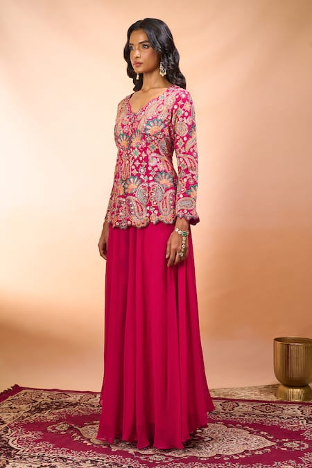 Alaya Advani_Fuchsia Silk Embroidery V-neck Top With Sharara _at_Aza_Fashions