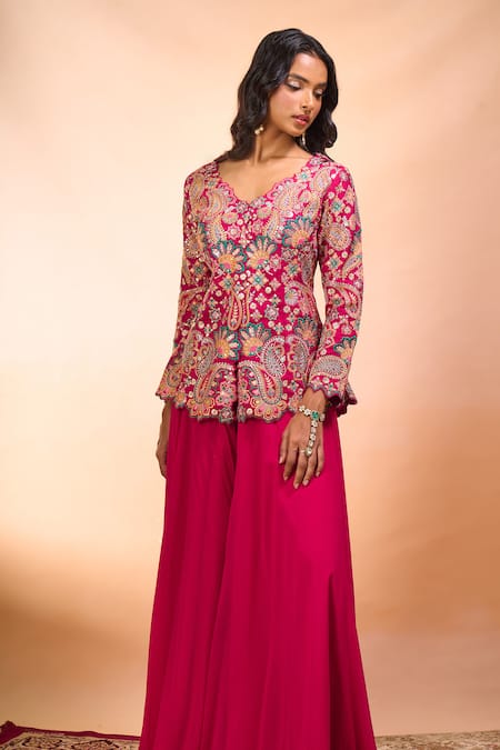 Buy_Alaya Advani_Fuchsia Silk Embroidery V-neck Top With Sharara 