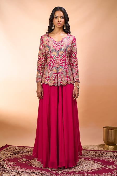 Shop_Alaya Advani_Fuchsia Silk Embroidery V-neck Top With Sharara 