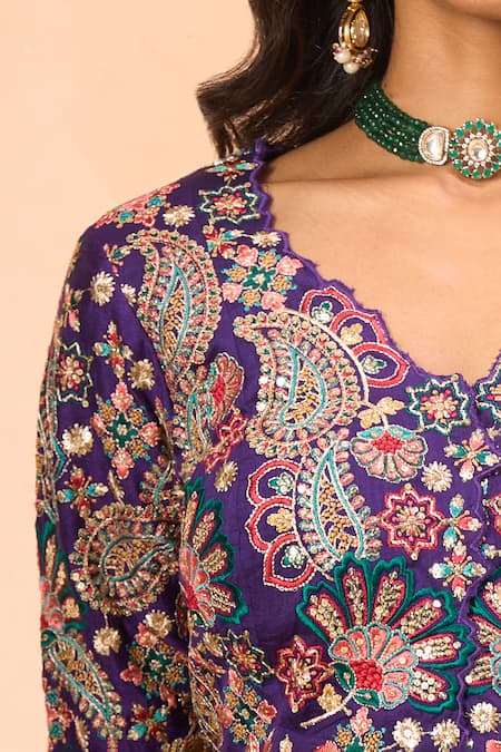 Alaya Advani_Purple Silk Embroidery V-neck Cutwork Peplum Kurta With Sharara _Online_at_Aza_Fashions