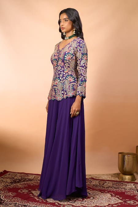 Shop_Alaya Advani_Purple Silk Embroidery V-neck Cutwork Peplum Kurta With Sharara _Online_at_Aza_Fashions