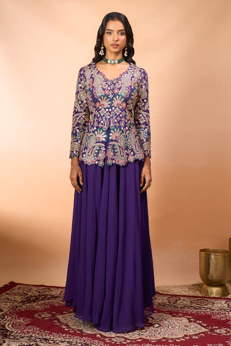 Alaya Advani_Purple Silk Embroidery V-neck Cutwork Peplum Kurta With Sharara _at_Aza_Fashions