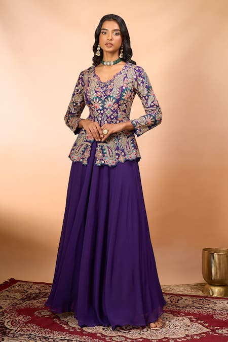 Buy_Alaya Advani_Purple Silk Embroidery V-neck Cutwork Peplum Kurta With Sharara 