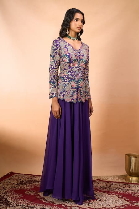 Shop_Alaya Advani_Purple Silk Embroidery V-neck Cutwork Peplum Kurta With Sharara 