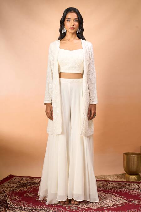 Alaya Advani_White Georgette Embroidery Open , Sweetheart Long Jacket Sharara Set _Online_at_Aza_Fashions