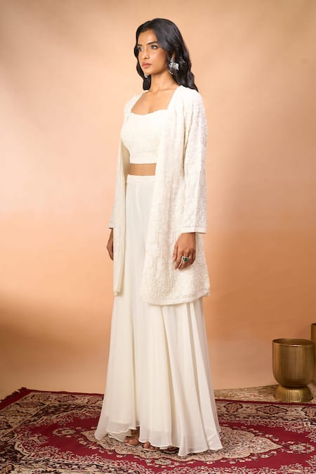 Buy_Alaya Advani_White Georgette Embroidery Open , Sweetheart Long Jacket Sharara Set _Online_at_Aza_Fashions
