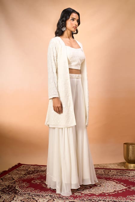 Alaya Advani_White Georgette Embroidery Open , Sweetheart Long Jacket Sharara Set _at_Aza_Fashions