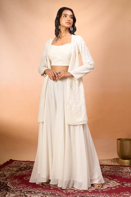 Buy_Alaya Advani_White Georgette Embroidery Open , Sweetheart Long Jacket Sharara Set 