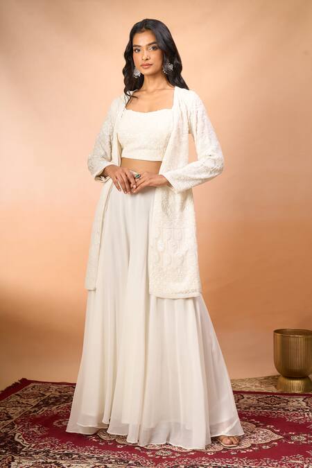 Shop_Alaya Advani_White Georgette Embroidery Open , Sweetheart Long Jacket Sharara Set 