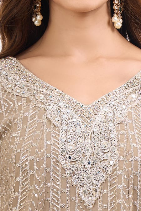 Alaya Advani Beige Georgette Embroidery, Sequins V-neck Metallic Kurta Set Online at Aza Fashions Alaya Advani_Beige Georgette Embroidery, Sequins V-neck Metallic Kurta Set _Online_at_Aza_Fashions