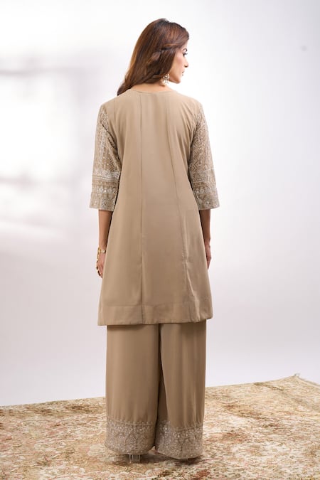 Shop Alaya Advani Beige Georgette Embroidery, Sequins V-neck Metallic Kurta Set at Aza Fashions Shop_Alaya Advani_Beige Georgette Embroidery, Sequins V-neck Metallic Kurta Set _at_Aza_Fashions