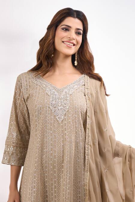 Buy Alaya Advani Beige Georgette Embroidery, Sequins V-neck Metallic Kurta Set Online at Aza Fashions Buy_Alaya Advani_Beige Georgette Embroidery, Sequins V-neck Metallic Kurta Set _Online_at_Aza_Fashions