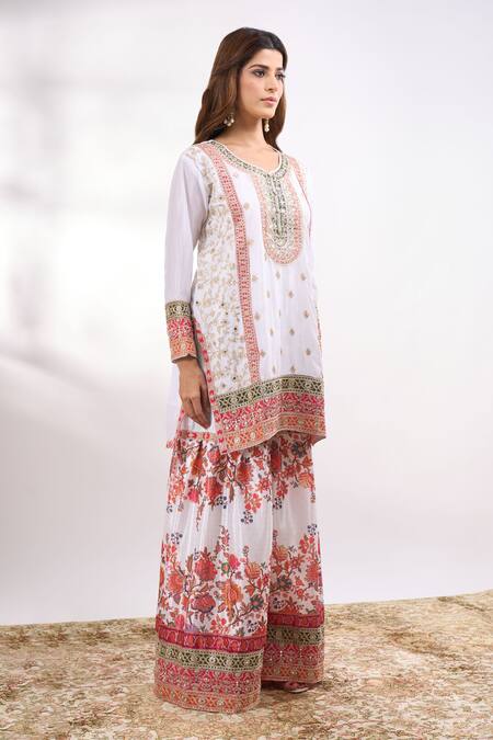 Alaya Advani White Georgette Embroidery, Mirrors, Foil Printing Flower Kurta Sharara Set Online at Aza Fashions Alaya Advani_White Georgette Embroidery, Mirrors, Foil Printing Flower Kurta Sharara Set _Online_at_Aza_Fashions