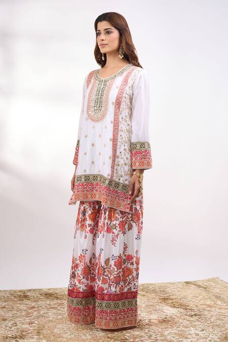 Buy Alaya Advani White Georgette Embroidery, Mirrors, Foil Printing Flower Kurta Sharara Set Online at Aza Fashions Buy_Alaya Advani_White Georgette Embroidery, Mirrors, Foil Printing Flower Kurta Sharara Set _Online_at_Aza_Fashions