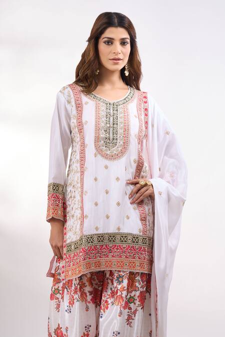 Shop Alaya Advani White Georgette Embroidery, Mirrors, Foil Printing Flower Kurta Sharara Set Online at Aza Fashions Shop_Alaya Advani_White Georgette Embroidery, Mirrors, Foil Printing Flower Kurta Sharara Set _Online_at_Aza_Fashions
