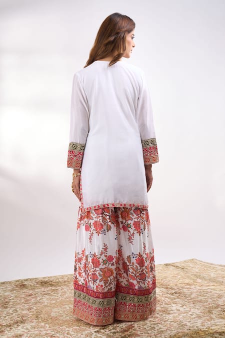 Shop Alaya Advani White Georgette Embroidery, Mirrors, Foil Printing Flower Kurta Sharara Set at Aza Fashions Shop_Alaya Advani_White Georgette Embroidery, Mirrors, Foil Printing Flower Kurta Sharara Set _at_Aza_Fashions
