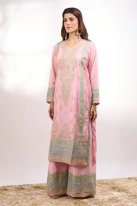 Shop_Alaya Advani_Pink Georgette Embroidery V-neck Flower Kurta Palazzo Set 