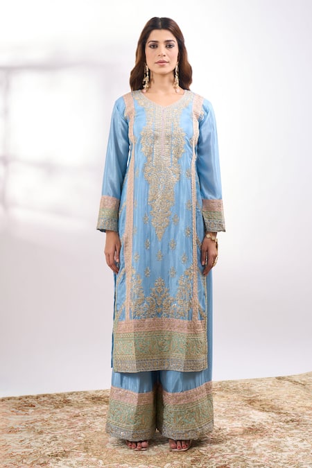 Shop Alaya Advani Blue Georgette Embroidery, Sequins, Zari V-neck Flower Palazzo Set Online at Aza Fashions Shop_Alaya Advani_Blue Georgette Embroidery, Sequins, Zari V-neck Flower Palazzo Set _Online_at_Aza_Fashions