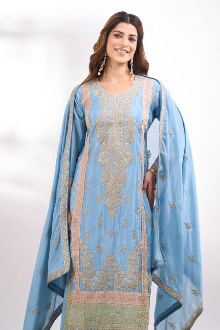 Alaya Advani Blue Georgette Embroidery, Sequins, Zari V-neck Flower Palazzo Set at Aza Fashions Alaya Advani_Blue Georgette Embroidery, Sequins, Zari V-neck Flower Palazzo Set _at_Aza_Fashions