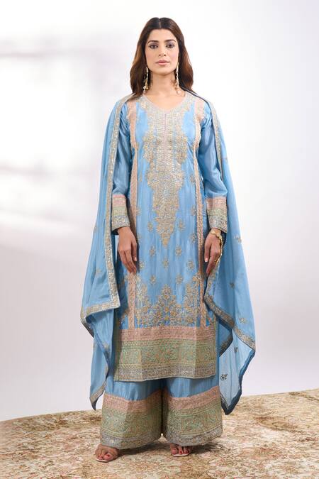 Buy Alaya Advani Blue Georgette Embroidery, Sequins, Zari V-neck Flower Palazzo Set Buy_Alaya Advani_Blue Georgette Embroidery, Sequins, Zari V-neck Flower Palazzo Set