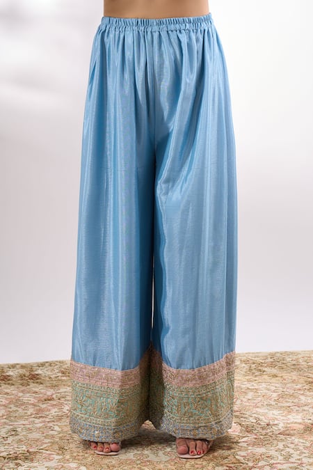 Shop Alaya Advani Blue Georgette Embroidery, Sequins, Zari V-neck Flower Palazzo Set Shop_Alaya Advani_Blue Georgette Embroidery, Sequins, Zari V-neck Flower Palazzo Set