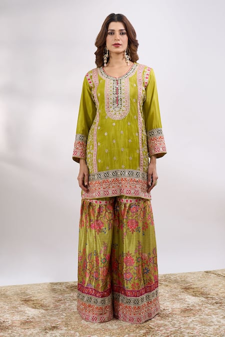 Shop_Alaya Advani_Green Georgette Embroidery, Sequins, Zari V-neck Flower Kurta Sharara Set _Online_at_Aza_Fashions