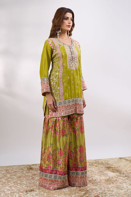 Alaya Advani_Green Georgette Embroidery, Sequins, Zari V-neck Flower Kurta Sharara Set _at_Aza_Fashions