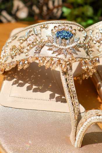 Shop_Shradha Hedau Footwear Couture_Gold Beads, Crystals, Embroidery, Aparjita Kolhapuri Heels With Toe Ring _Online_at_Aza_Fashions