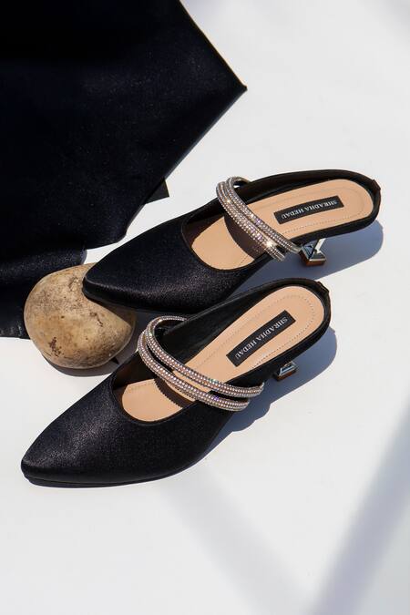 Shradha Hedau Footwear Couture_Black Rhinestones Lyra Satin Embellished Pointed Toe Heels _Online_at_Aza_Fashions