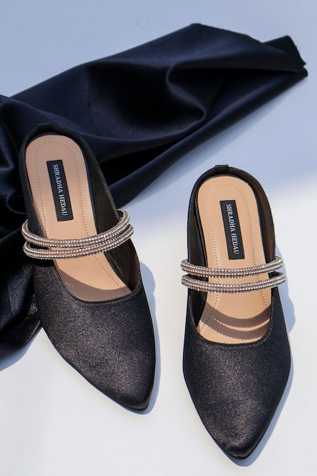 Buy_Shradha Hedau Footwear Couture_Black Rhinestones Lyra Satin Embellished Pointed Toe Heels _Online_at_Aza_Fashions